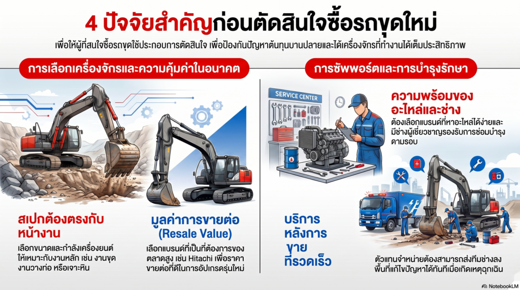 4 สิ่งสำคัญที่ต้องรู้ก่อนตัดสินใจซื้อรถขุดใหม่