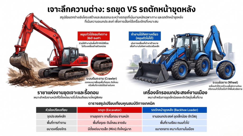 เปรียบเทียบให้ชัด รถขุด (Excavator) กับ รถตักหน้าขุดหลัง (Backhoe Loader)